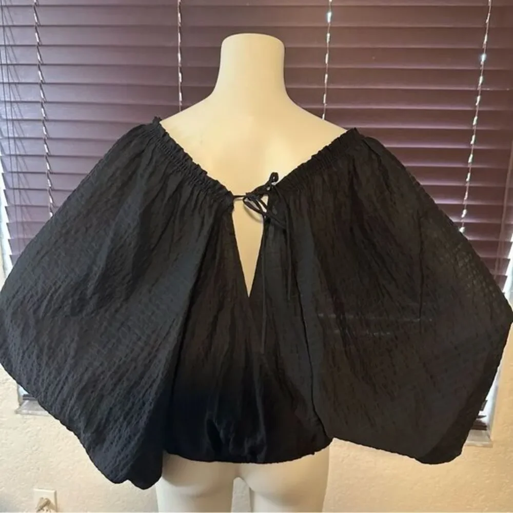 Free People Blouse Black S Womens Off Shoulder Balloon Sleeve Tie Back Oversized